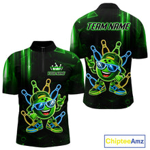 Load image into Gallery viewer, Green funny neon bowling ball quarter zip bowling shirt for men, custom bowling team jersey and tournament apparel.