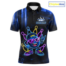 Load image into Gallery viewer, Blue funny neon bowling ball custom bowling polo shirt for men, personalized bowling team jersey for league tournaments.