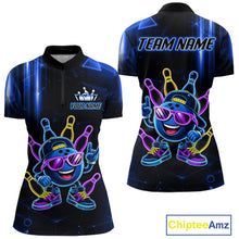 Load image into Gallery viewer, Blue funny neon bowling ball quarter zip bowling shirt for women, custom bowling team jersey and tournament apparel.