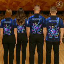 Load image into Gallery viewer, Back view of bowling team wearing matching blue funny neon bowling ball bowling league jerseys.