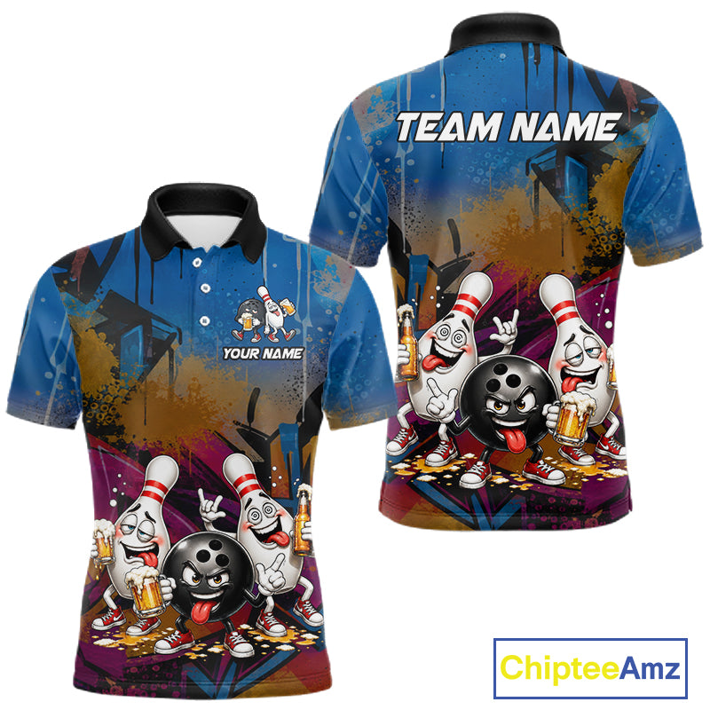 Colorful Graffiti Funny Beer Bowling Shirts For Men Custom Bowling League Bowling Team Jersey TDM7363