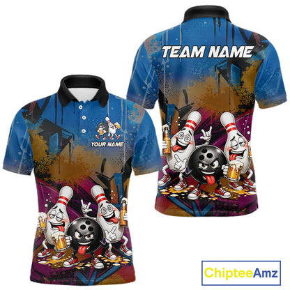 Colorful Graffiti Funny Beer Bowling Shirts For Men Custom Bowling League Bowling Team Jersey TDM7363
