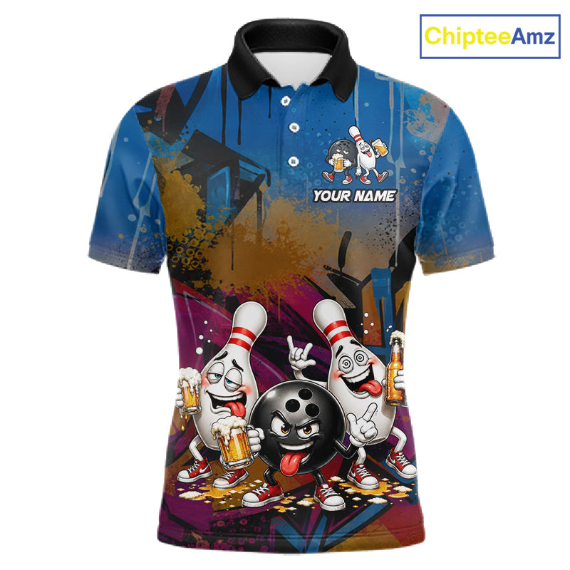 Colorful Graffiti Funny Beer Bowling Shirts For Men Custom Bowling League Bowling Team Jersey TDM7363