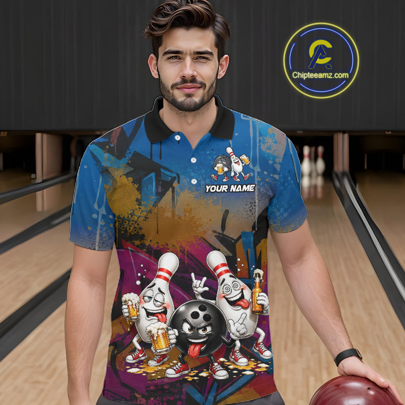 Colorful Graffiti Funny Beer Bowling Shirts For Men Custom Bowling League Bowling Team Jersey TDM7363