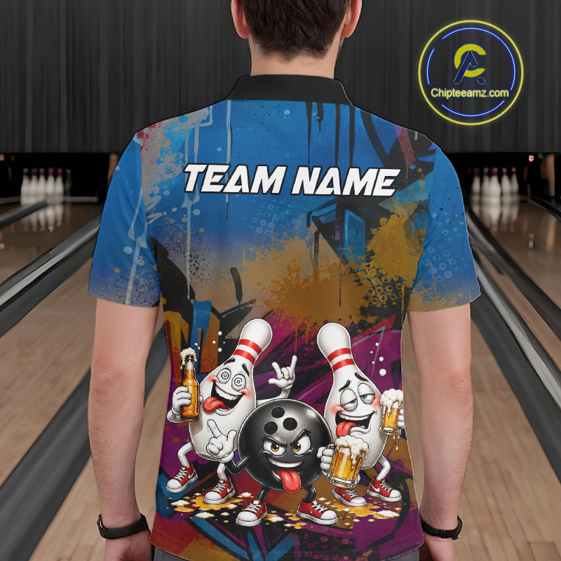 Colorful Graffiti Funny Beer Bowling Shirts For Men Custom Bowling League Bowling Team Jersey TDM7363