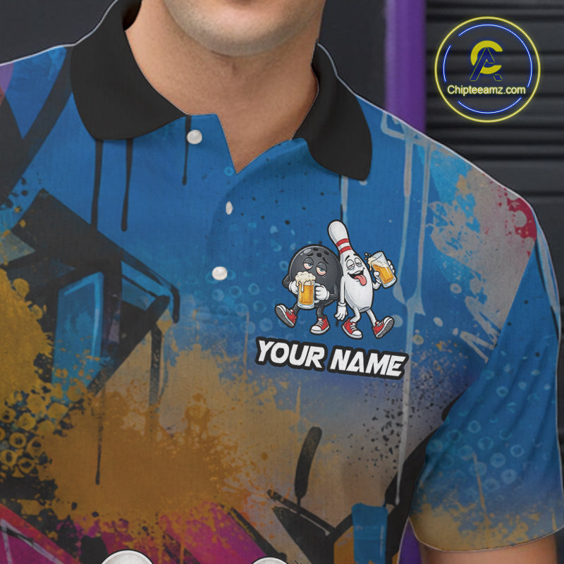 Colorful Graffiti Funny Beer Bowling Shirts For Men Custom Bowling League Bowling Team Jersey TDM7363