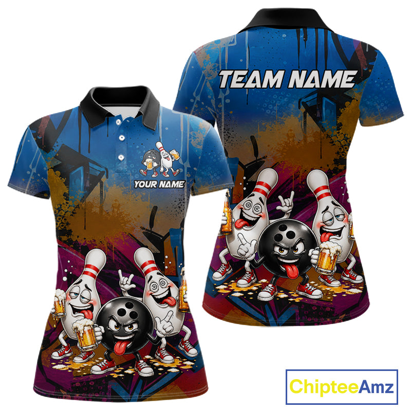 Colorful Graffiti Funny Beer Bowling Shirts For Women Custom Bowling League Bowling Team Jersey TDM7363