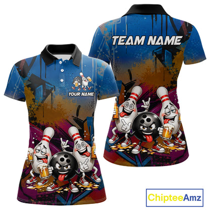 Colorful Graffiti Funny Beer Bowling Shirts For Women Custom Bowling League Bowling Team Jersey TDM7363