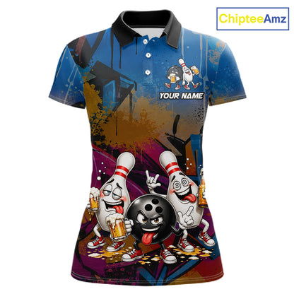 Colorful Graffiti Funny Beer Bowling Shirts For Women Custom Bowling League Bowling Team Jersey TDM7363
