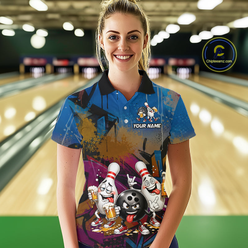 Colorful Graffiti Funny Beer Bowling Shirts For Women Custom Bowling League Bowling Team Jersey TDM7363