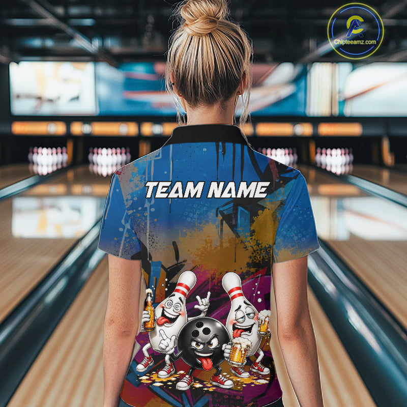 Colorful Graffiti Funny Beer Bowling Shirts For Women Custom Bowling League Bowling Team Jersey TDM7363