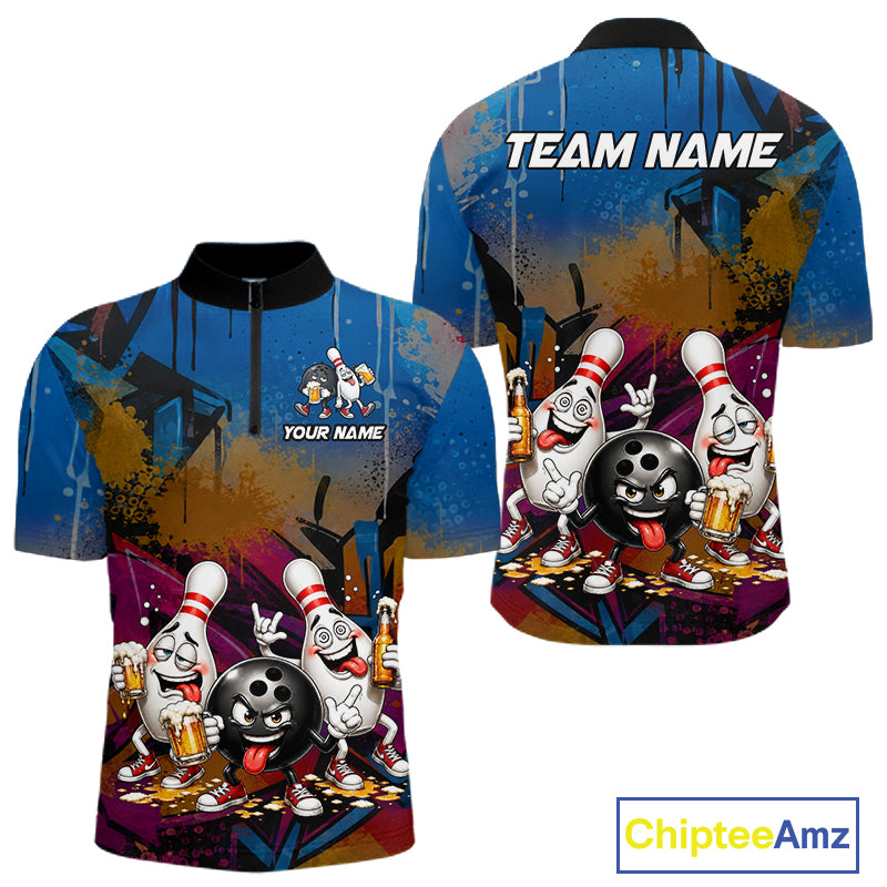 Colorful Graffiti Funny Beer Bowling Shirts For Men Custom Bowling League Bowling Team Jersey TDM7363