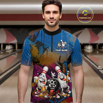 Colorful Graffiti Funny Beer Bowling Shirts For Men Custom Bowling League Bowling Team Jersey TDM7363