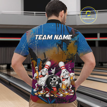 Colorful Graffiti Funny Beer Bowling Shirts For Men Custom Bowling League Bowling Team Jersey TDM7363