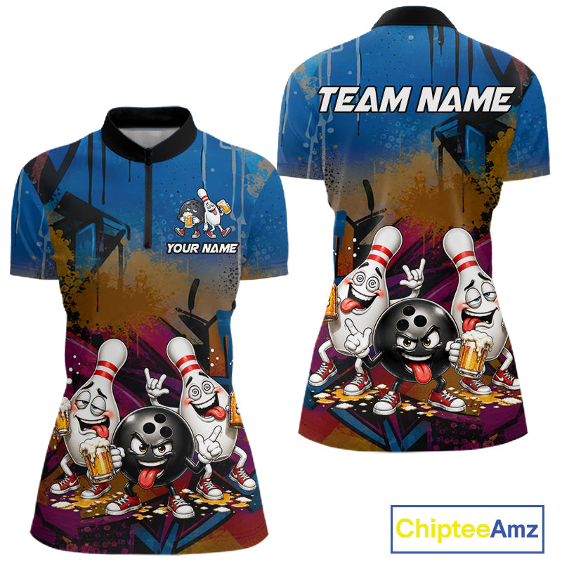 Colorful Graffiti Funny Beer Bowling Shirts For Women Custom Bowling League Bowling Team Jersey TDM7363