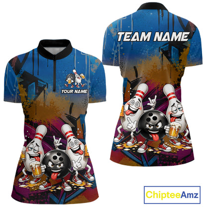 Colorful Graffiti Funny Beer Bowling Shirts For Women Custom Bowling League Bowling Team Jersey TDM7363