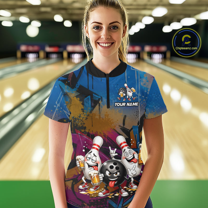 Colorful Graffiti Funny Beer Bowling Shirts For Women Custom Bowling League Bowling Team Jersey TDM7363