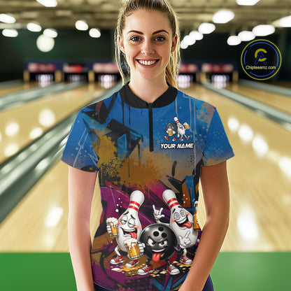 Colorful Graffiti Funny Beer Bowling Shirts For Women Custom Bowling League Bowling Team Jersey TDM7363