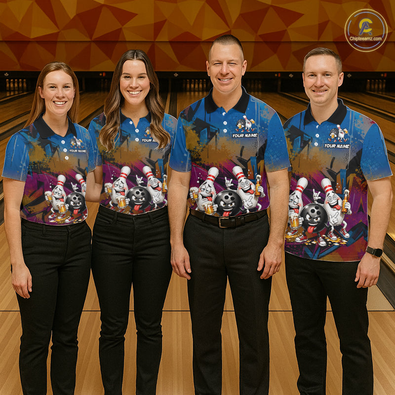 Colorful Graffiti Funny Beer Bowling Shirts For Men Custom Bowling League Bowling Team Jersey TDM7363