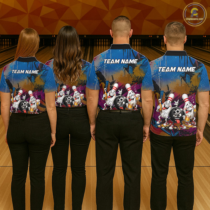 Colorful Graffiti Funny Beer Bowling Shirts For Men Custom Bowling League Bowling Team Jersey TDM7363