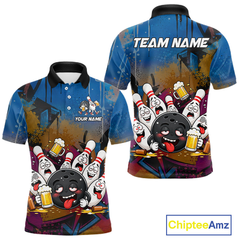 Colorful Graffiti Funny Drunk Beer Bowling Shirt For Men Custom Bowling League Bowling Team Jersey TDM7364
