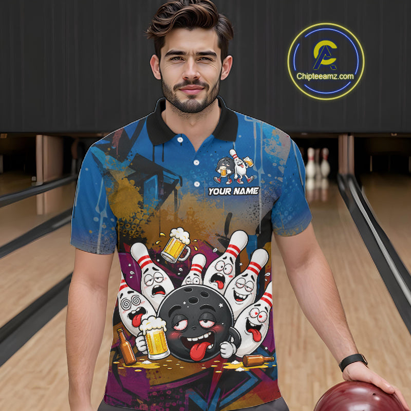 Colorful Graffiti Funny Drunk Beer Bowling Shirt For Men Custom Bowling League Bowling Team Jersey TDM7364