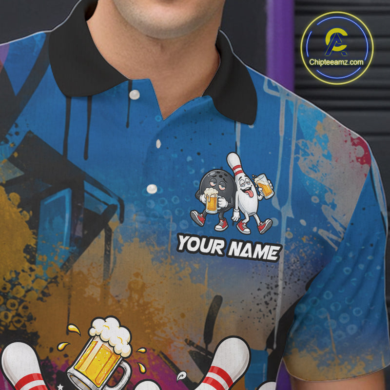 Colorful Graffiti Funny Drunk Beer Bowling Shirt For Men Custom Bowling League Bowling Team Jersey TDM7364