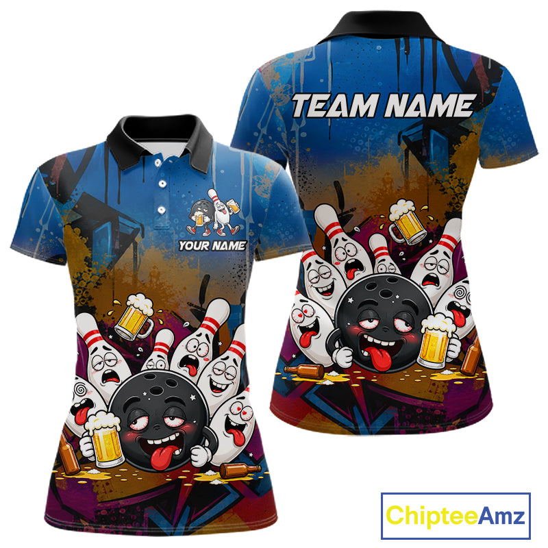 Colorful Graffiti Funny Drunk Beer Bowling Shirt For Women Custom Bowling League Bowling Team Jersey TDM7364