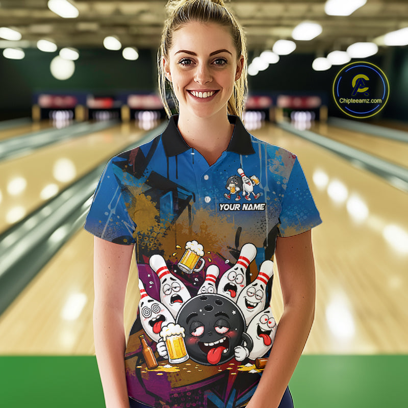 Colorful Graffiti Funny Drunk Beer Bowling Shirt For Women Custom Bowling League Bowling Team Jersey TDM7364