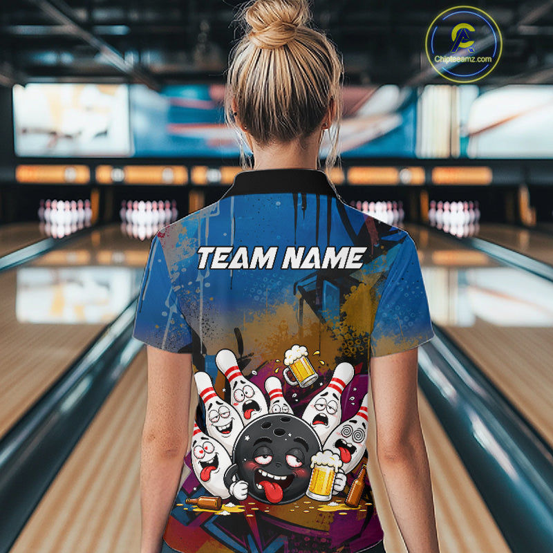 Colorful Graffiti Funny Drunk Beer Bowling Shirt For Women Custom Bowling League Bowling Team Jersey TDM7364