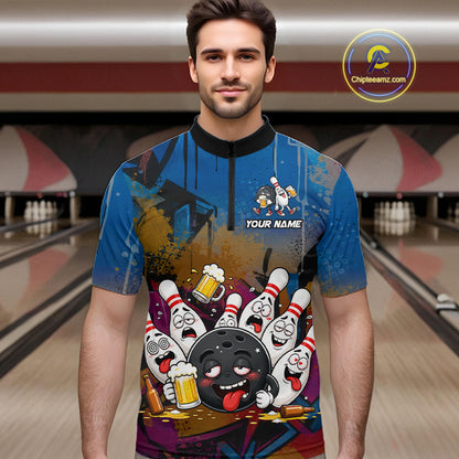 Colorful Graffiti Funny Drunk Beer Bowling Shirt For Men Custom Bowling League Bowling Team Jersey TDM7364