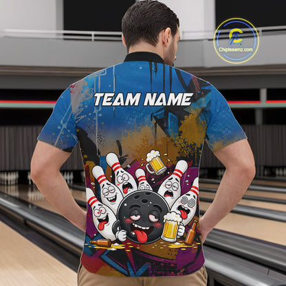 Colorful Graffiti Funny Drunk Beer Bowling Shirt For Men Custom Bowling League Bowling Team Jersey TDM7364