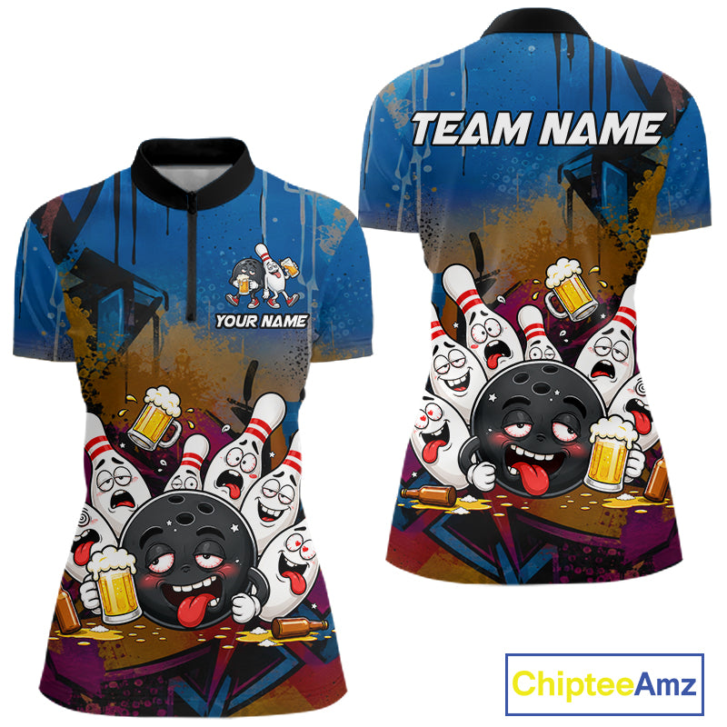 Colorful Graffiti Funny Drunk Beer Bowling Shirt For Women Custom Bowling League Bowling Team Jersey TDM7364