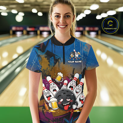 Colorful Graffiti Funny Drunk Beer Bowling Shirt For Women Custom Bowling League Bowling Team Jersey TDM7364