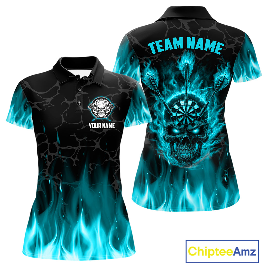Fire Flame Skull Darts Polo & Quarter Zip Custom Darts Shirts For Women, Darts Team Jersey|Turquoise TDM5320