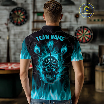 Fire Flame Skull Darts Polo & Quarter Zip Custom Darts Shirts For Men, Darts Team Jersey|Turquoise TDM5320