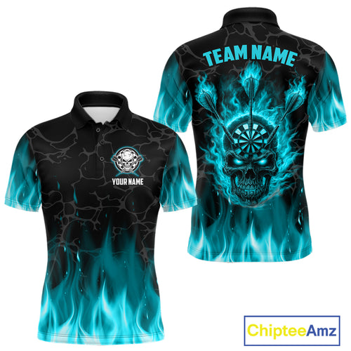 Fire Flame Skull Darts Polo & Quarter Zip Custom Darts Shirts For Men, Darts Team Jersey|Turquoise TDM5320