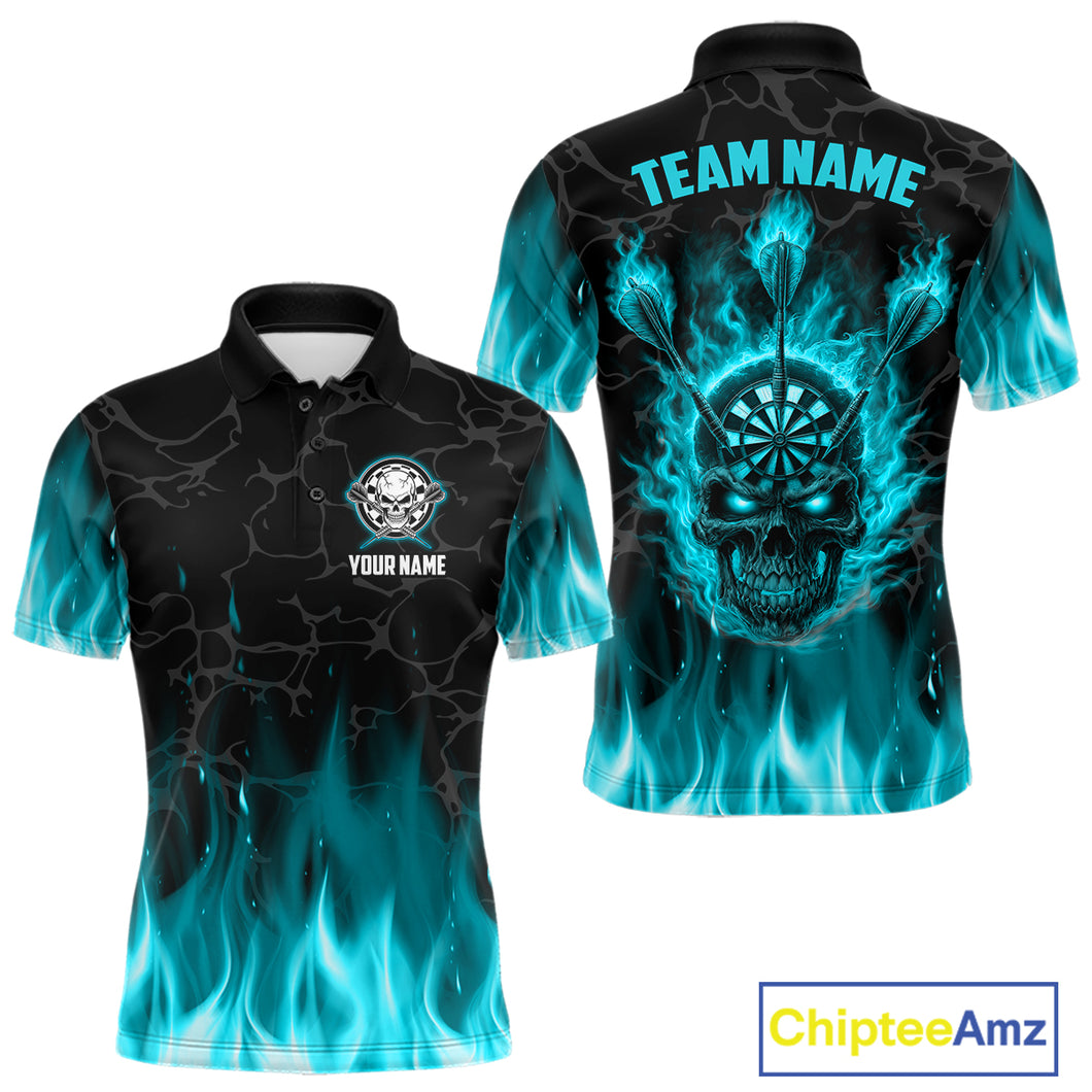 Fire Flame Skull Darts Polo & Quarter Zip Custom Darts Shirts For Men, Darts Team Jersey|Turquoise TDM5320