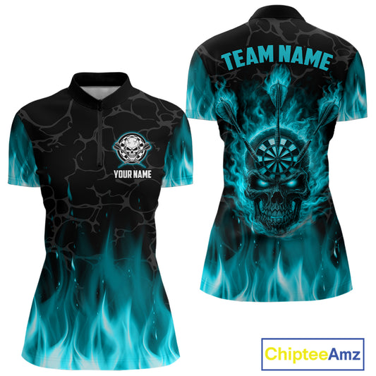 Fire Flame Skull Darts Polo & Quarter Zip Custom Darts Shirts For Women, Darts Team Jersey|Turquoise TDM5320