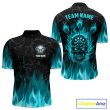 Load image into Gallery viewer, Fire Flame Skull Darts Polo &amp; Quarter Zip Custom Darts Shirts For Men, Darts Team Jersey|Turquoise TDM5320
