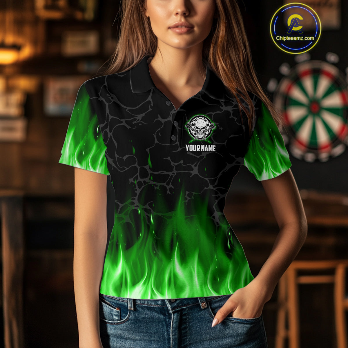 Fire Flame Skull Darts Polo & Quarter Zip Custom Darts Shirts For Women, Darts Team Jersey|Green TDM5321