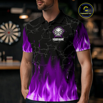 Fire Flame Skull Darts Polo & Quarter Zip Custom Darts Shirts For Men, Darts Team Jersey|Purple TDM5322