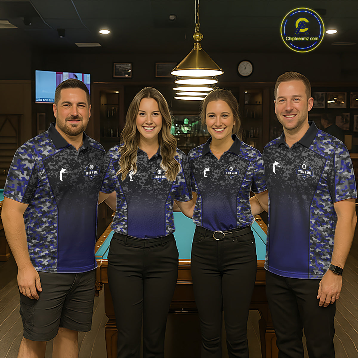 Navy Blue Camo 8 Ball Billiard Shirt For Men Custom Pool Team Shirt, Billiard Jersey Polo & 1/4 Zip TDM5580