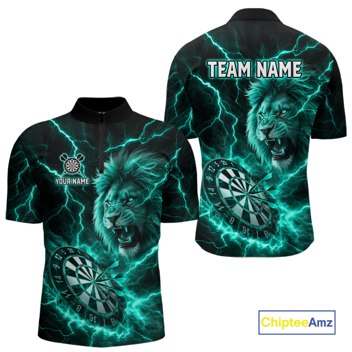 Custom Turquoise Dartboard Thunder Lightning Lion Darts Shirt For Men, Darts League Team Jersey TDM5816