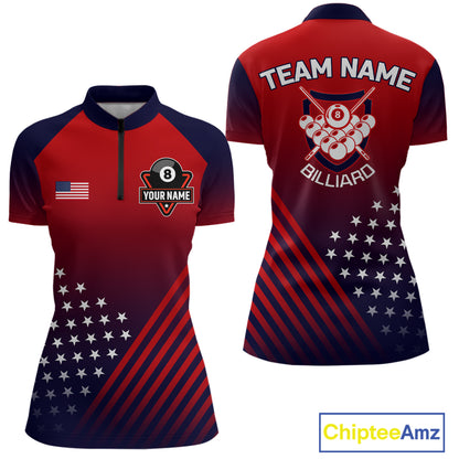 US Flag Billiard Jersey For Women Custom 8 Ball Polo & Quarter Zip Billiard Shirts Pool Team Jersey TDM3801