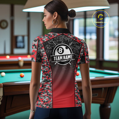 Red Camo 8 Ball Billiard Shirt For Women Custom Pool Team Shirt, Billiard Jersey Polo & 1/4 Zip TDM6200