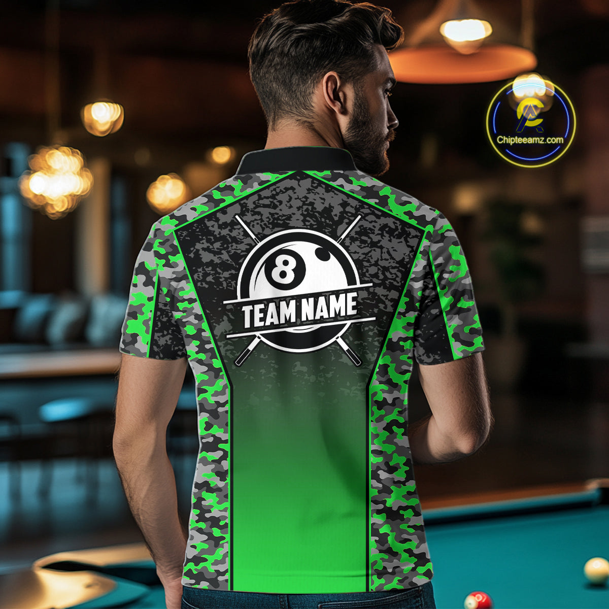 Green Camo 8 Ball Billiard Shirt For Men Custom Pool Team Shirt, Billiard Jersey Polo & 1/4 Zip TDM6201