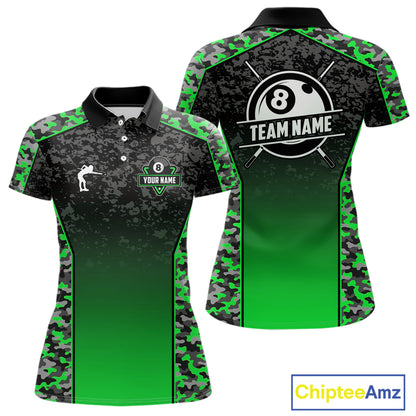 Green Camo 8 Ball Billiard Shirt For Women Custom Pool Team Shirt, Billiard Jersey Polo & 1/4 Zip TDM6201
