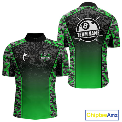 Green Camo 8 Ball Billiard Shirt For Men Custom Pool Team Shirt, Billiard Jersey Polo & 1/4 Zip TDM6201