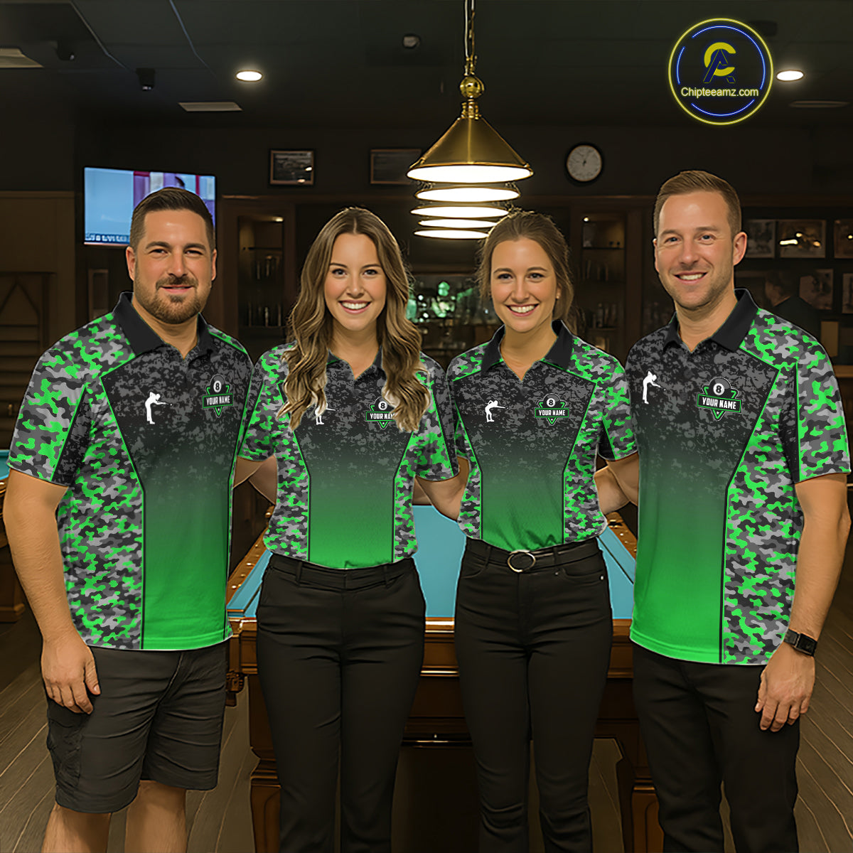 Green Camo 8 Ball Billiard Shirt For Men Custom Pool Team Shirt, Billiard Jersey Polo & 1/4 Zip TDM6201